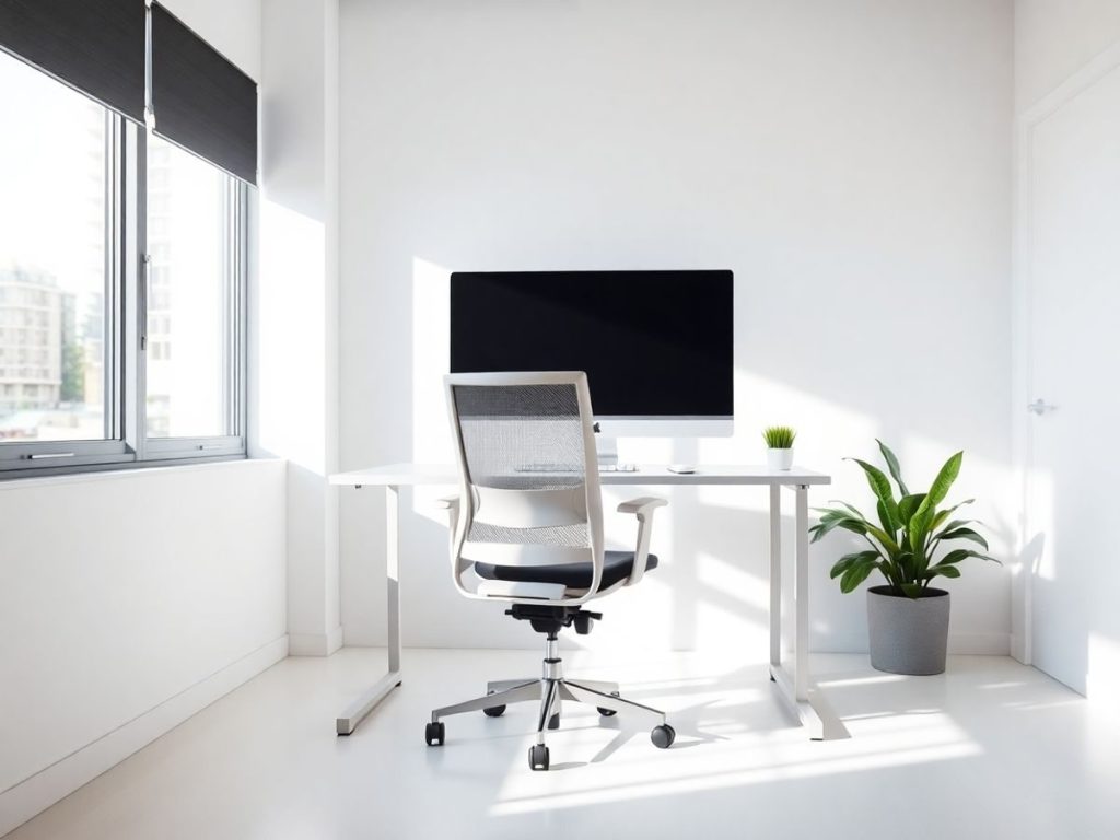 Birou modern cu scaun și accesorii ergonomice.