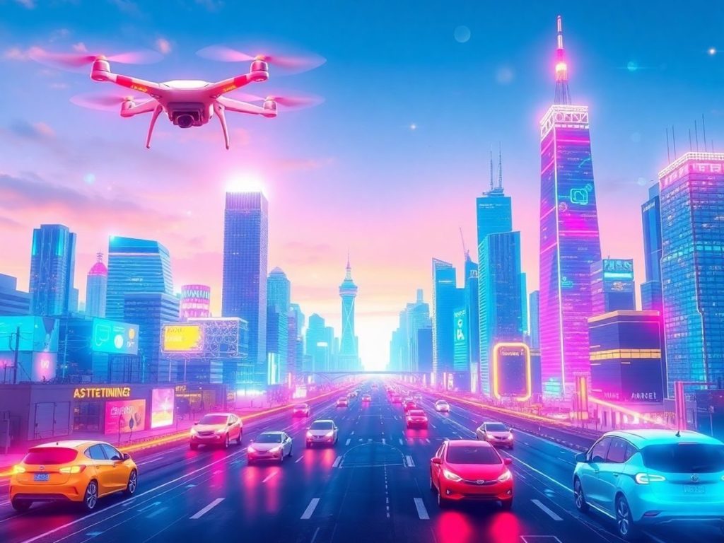 Oraș futurist cu tehnologie avansată și vehicule electrice.