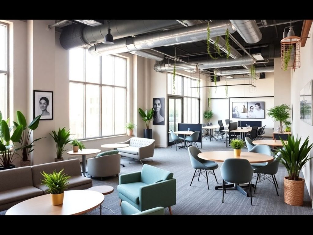 Birou flexibil modern cu spatii de lucru colaborativ