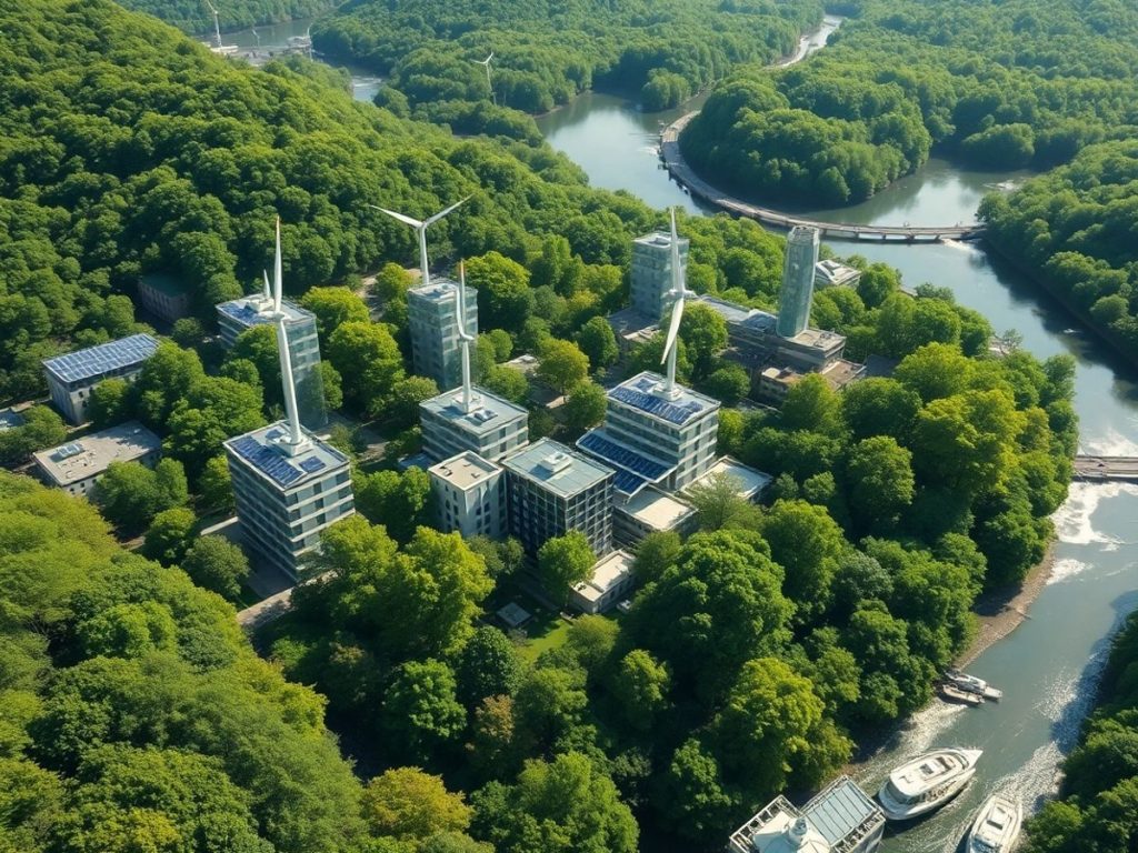 Clădiri futuriste în mijlocul naturii verzi luxuriante