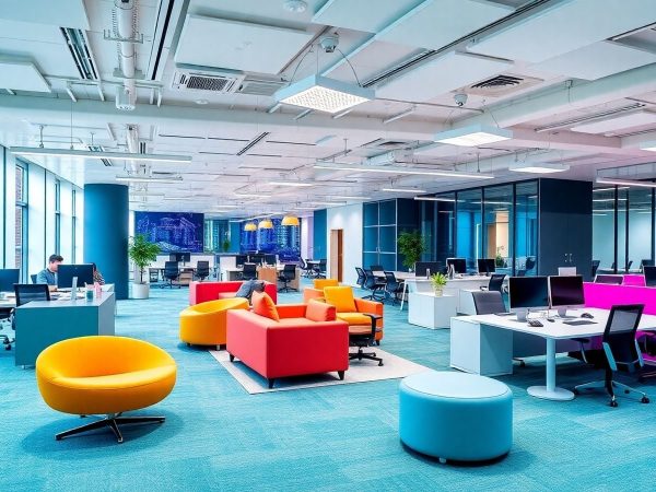 Birou modern cu mobilier inovator și culori vibrante.