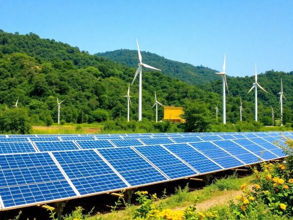Peisaj cu panouri solare si turbine eoliene intr-un mediu verde.