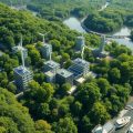Clădiri futuriste în mijlocul naturii verzi luxuriante