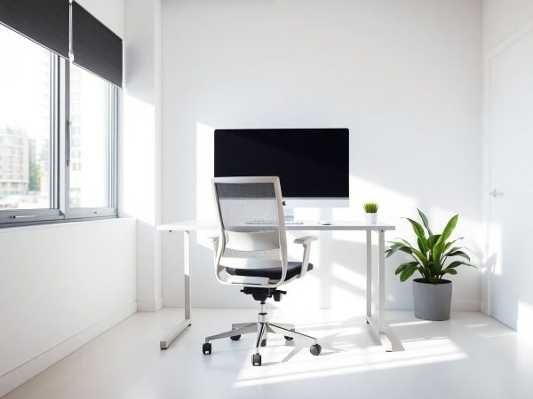 Birou modern cu scaun și accesorii ergonomice.